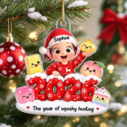 Personalized Acrylic Ornament, Smiling Child Holding Squishy Toys, Festive Tree Decor and Unique Gift for Kids