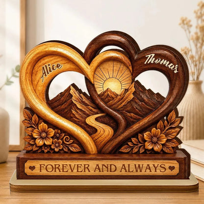 Personalized 2-Layer Wooden Plaque, Intertwined Hearts & Mountain Sunrise, Unique Gift for Couples