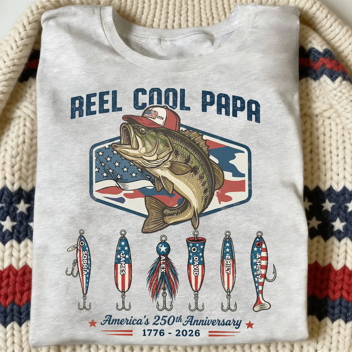 Personalized Classic Tee with Fishing Bass Art, Patriotic Papa Shirt, Unique Gift for Dad or Grandpa