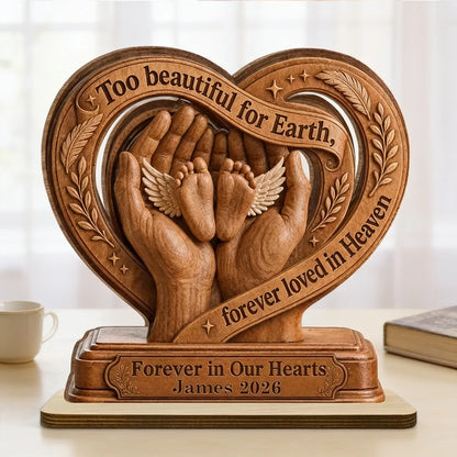 Personalized 2-Layer Wooden Plaque, Warm Brown Winged Baby Feet in Loving Hands, Unique Memorial Gift for Parents