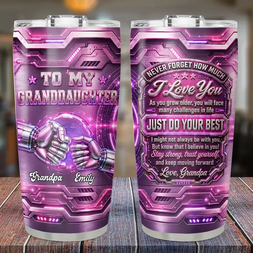 Personalized Insulated Travel Tumbler, Clasped Robot Hands, Unique Motivational Gift for Granddaughter