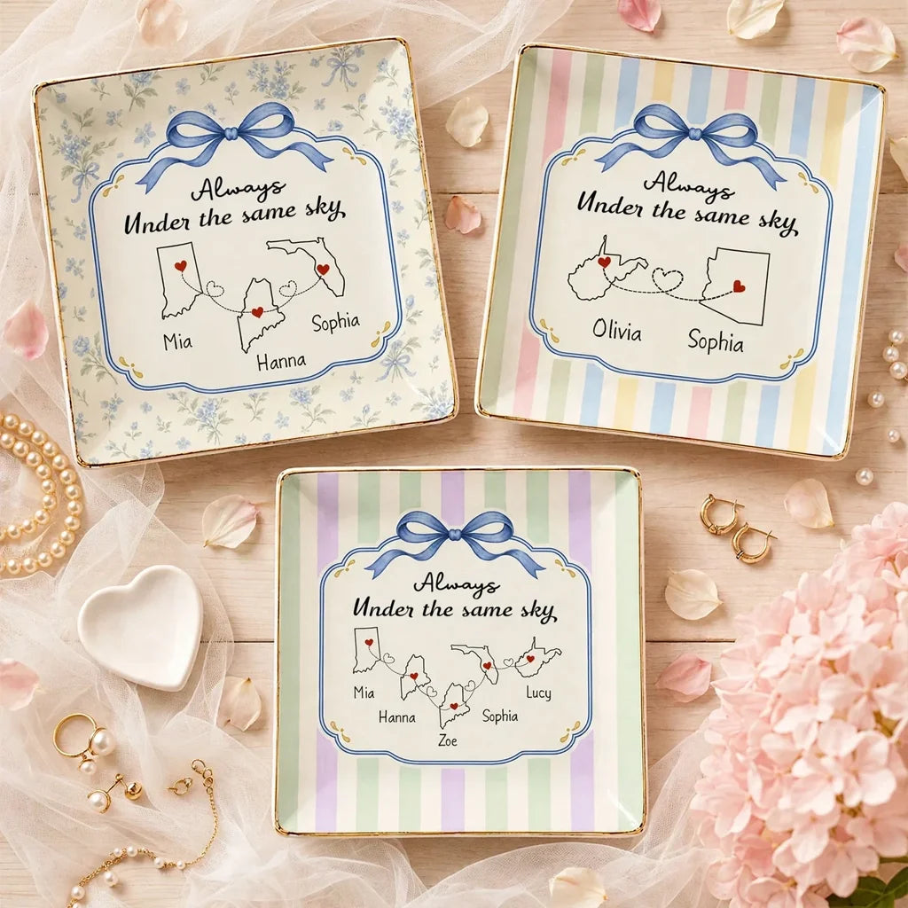 Personalized Always Under the Same Sky Jewelry Dish, Pastel Bow and Linked Hearts, Creative Gift for a Sister