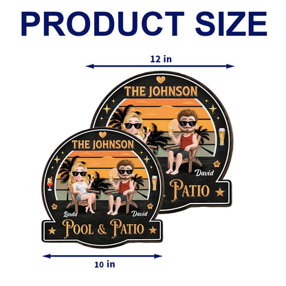 Personalized Wooden Sign with Relaxing Couple at Sunset Pool & Patio Scene, Unique Custom Gift for Couples