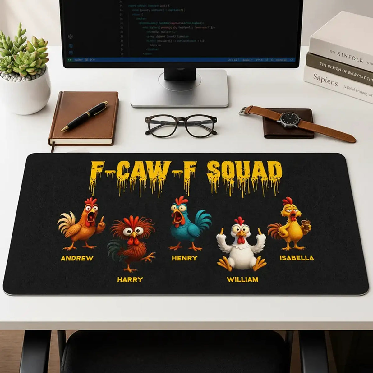 Custom Leather Desk Mat, Cute Cartoon Roosters For A Unique Office Gift & Desk Setup