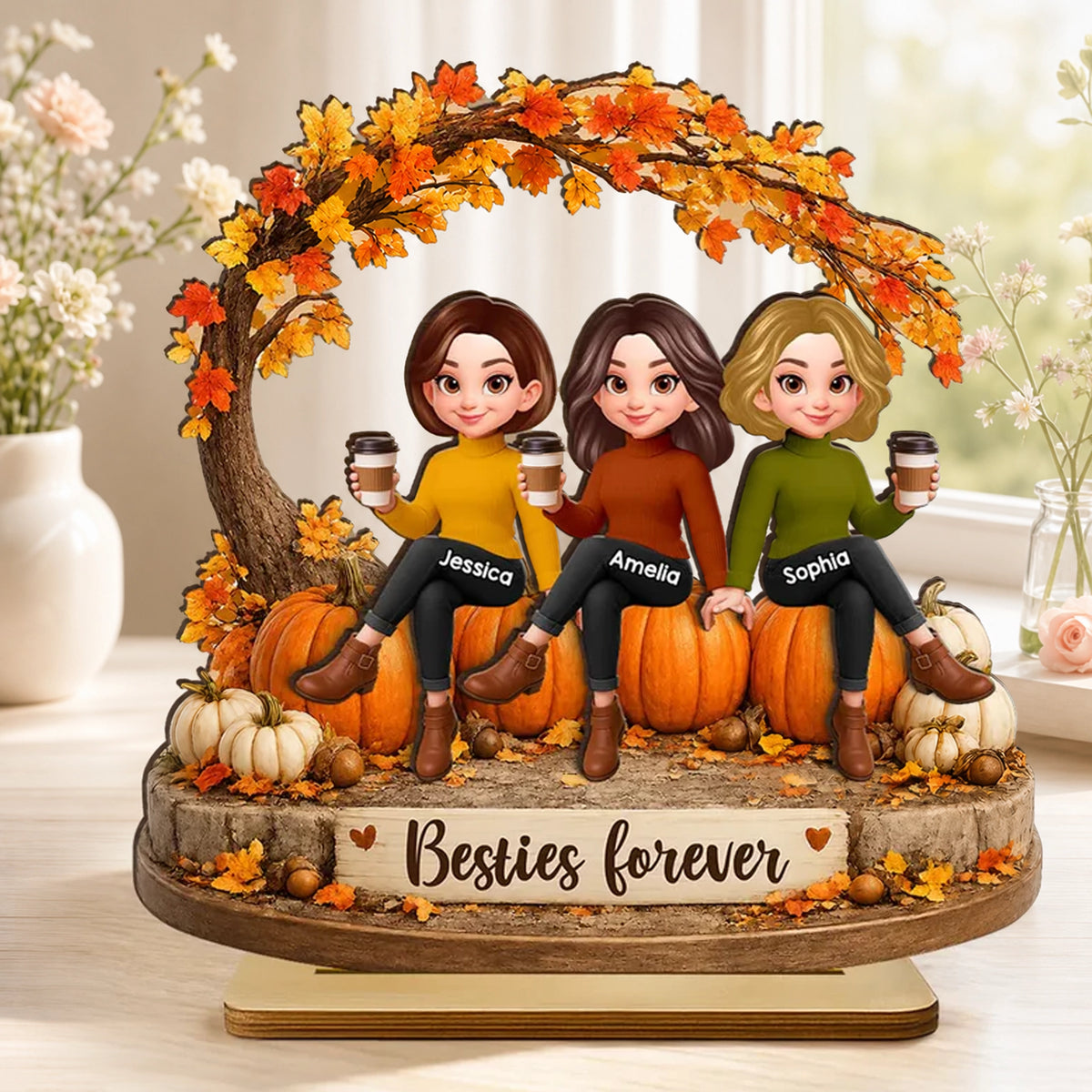 Personalized 2-Layer Wooden Plaque, Sitting Friends With Coffee, Autumn Pumpkin Scene, Unique Gift For Close Friends