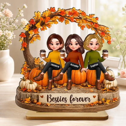 Personalized 2-Layer Wooden Plaque, Sitting Friends With Coffee, Autumn Pumpkin Scene, Unique Gift For Close Friends