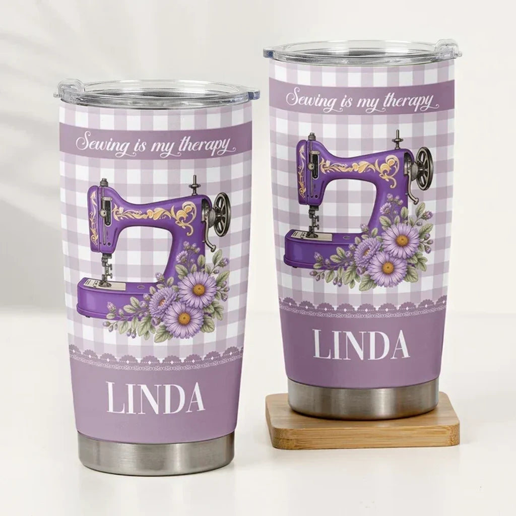 Personalized Insulated Travel Tumbler, Purple Floral Sewing Machine, Unique Gift for Sewing Lovers