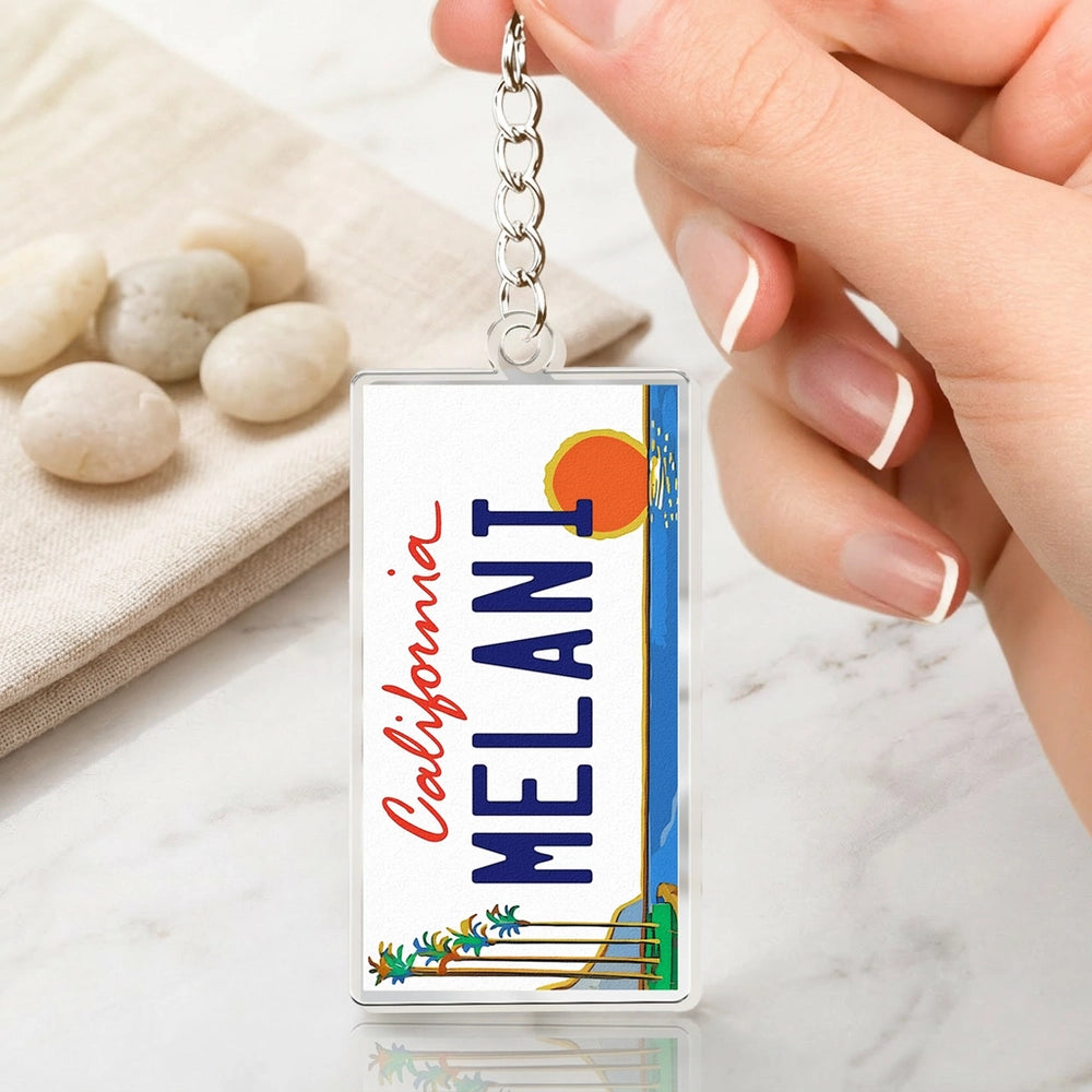 State License Plate Acrylic Keychain, California MELANI Design, Beach Sunset Style, Unique Travel Gift