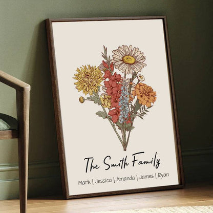 Family Blossoms - Custom Birth Flower & Names Artwork - Personalized Canvas or Poster for Your Home