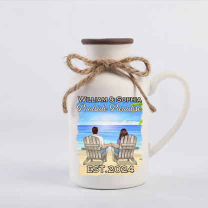 Relaxing Poolside Paradise Decor with Optional Flag Background Couple Sitting Personalized Flag, Sign, Vase - Perfect for Garden, Housewarming, Birthday, Anniversary Gift for Him, Her