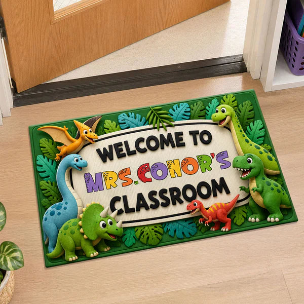 Personalized Standard Doormat with Safari Dinosaurs, Unique Teacher Gift for Classroom Entry