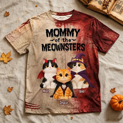 Personalized Printed Classic Tee, Mommy of the Meownsters Cats in Costumes, Unique Gift for Cat Mom