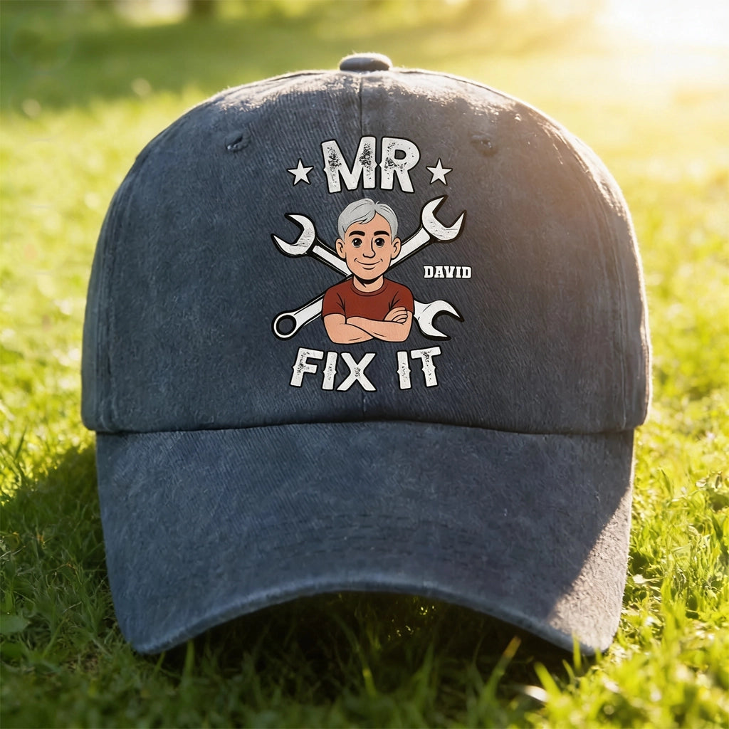 Washed Denim Baseball Cap Personalized for the One Who Can Fix It, Relaxed Vintage Style for Outdoor Wear, Thoughtful Gift