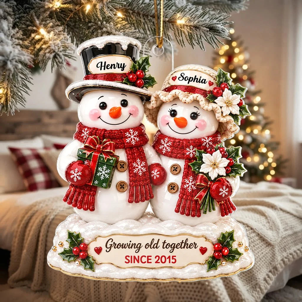 Personalized Acrylic Ornament, Snowman Couple Growing Old Together, Unique Christmas Gift for Partners