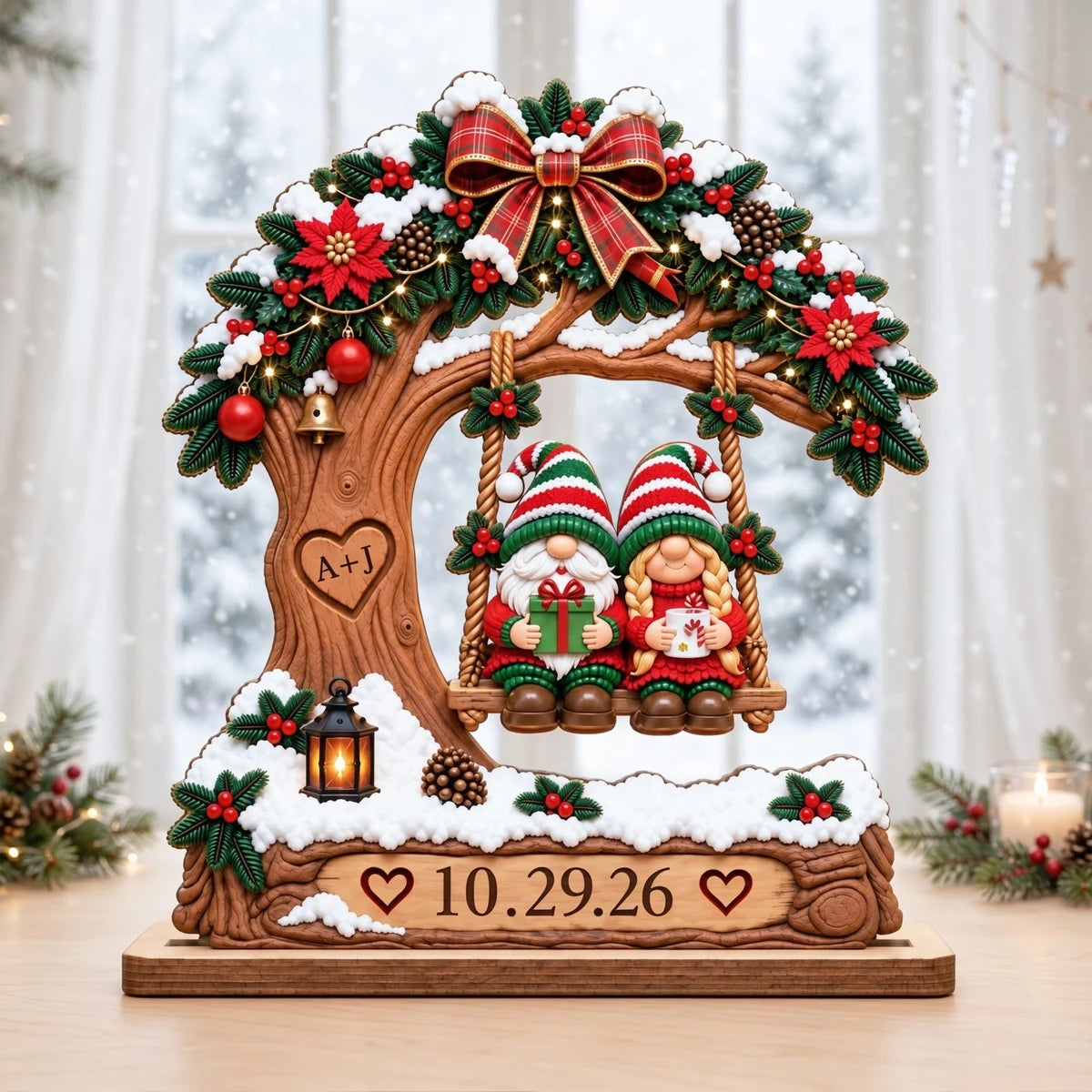 Personalized 2-Layer Wooden Plaque, Christmas Gnome Couple on Snowy Tree Swing, Unique Gift for Couples