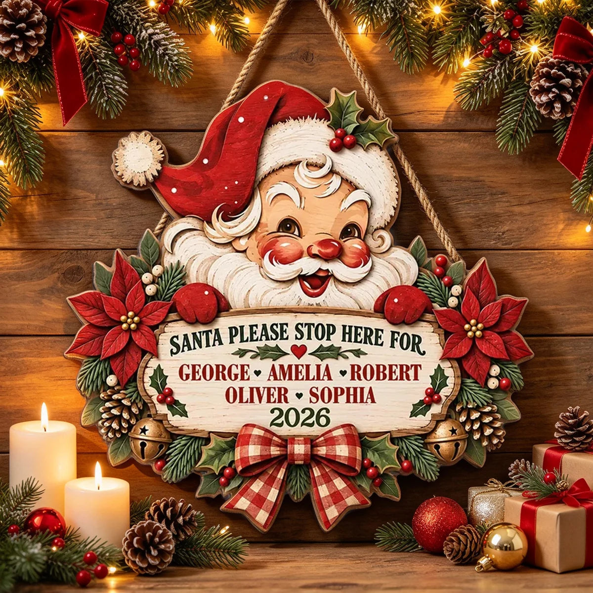 Personalized Wooden Sign with Vintage Santa Holding a Family Message, Unique Christmas Gift for Grandparents