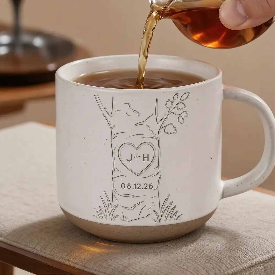 Personalized Pottery Mug, Carved Heart Tree Design, Unique Anniversary Gift for Couple