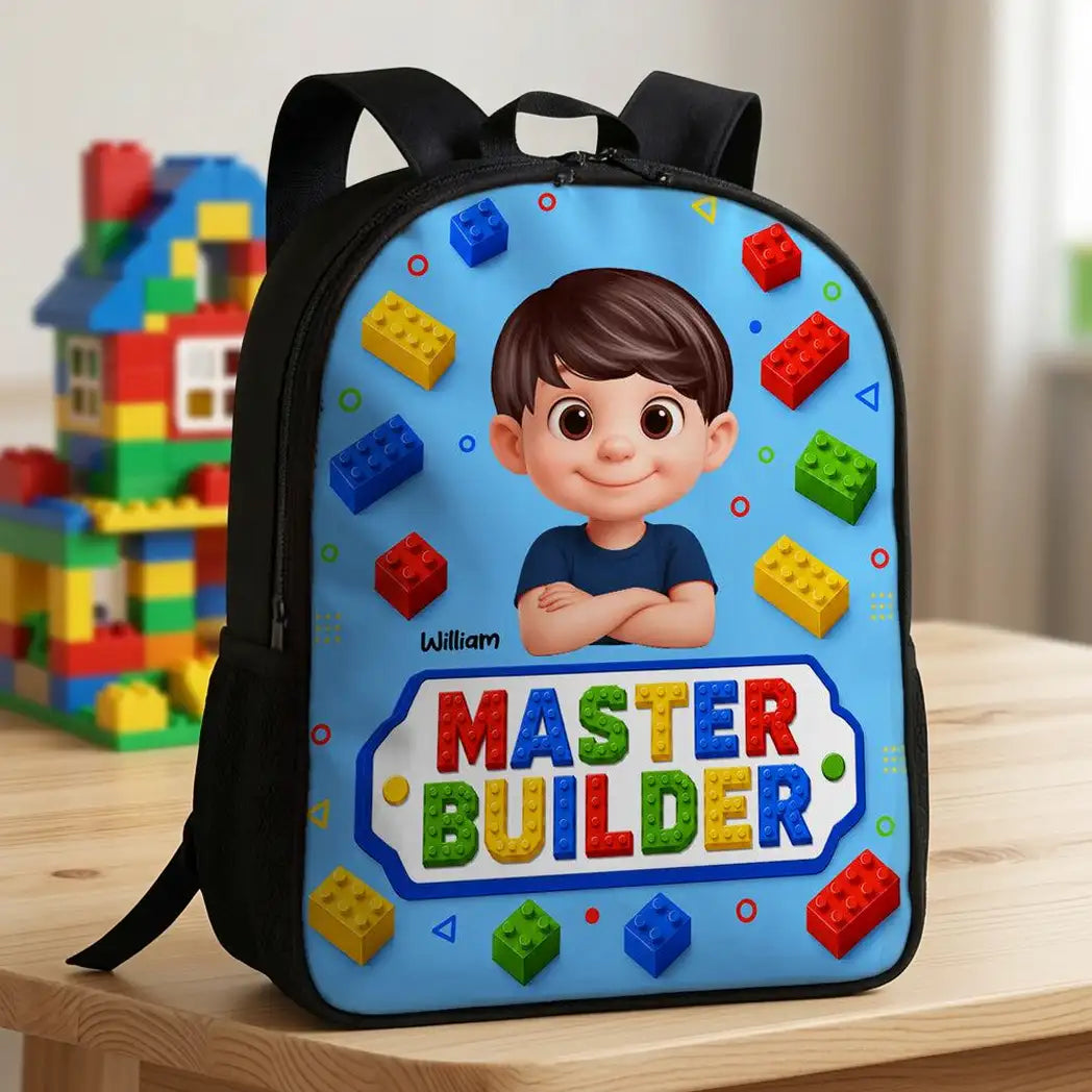 Personalized Kids School Backpack With Smiling Cartoon Child & Colorful Block Art, Creative Gift for Boys & Girls