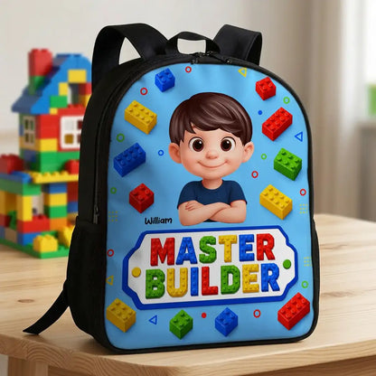 Personalized Kids School Backpack With Smiling Cartoon Child & Colorful Block Art, Creative Gift for Boys & Girls