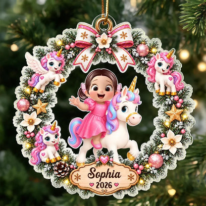 Personalized Acrylic Ornament, Cartoon Child Riding a Unicorn in a Christmas Wreath, Unique Gift for Kids