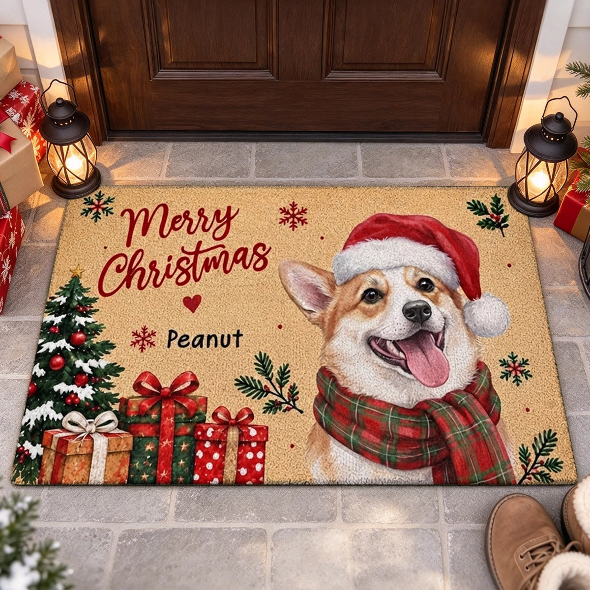 Personalized Standard Doormat with Watercolor Dog in Santa Hat, Festive Entryway Decor, Unique Gift for Dog Lovers