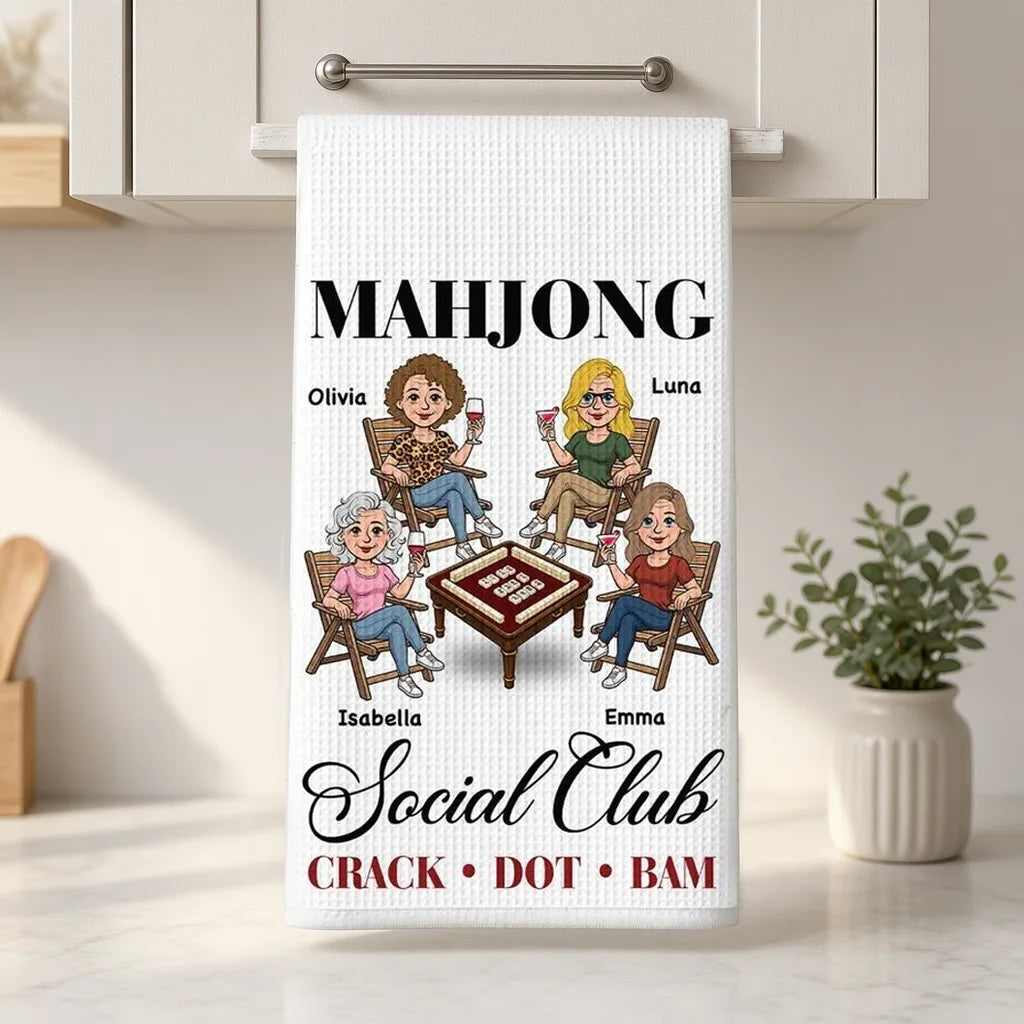 Personalized Mahjong Kitchen Towel, Seated Friends Game Night Design, Unique Gift for Mahjong Lovers