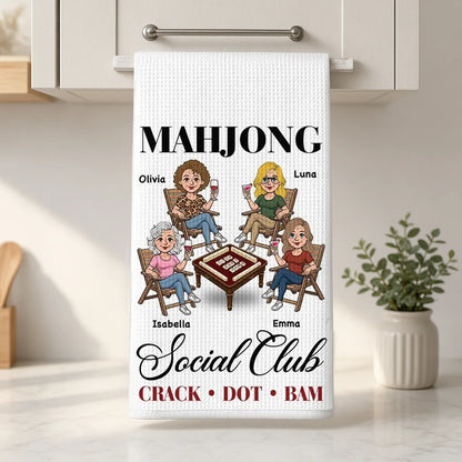 Personalized Mahjong Kitchen Towel, Seated Friends Game Night Design, Unique Gift for Mahjong Lovers