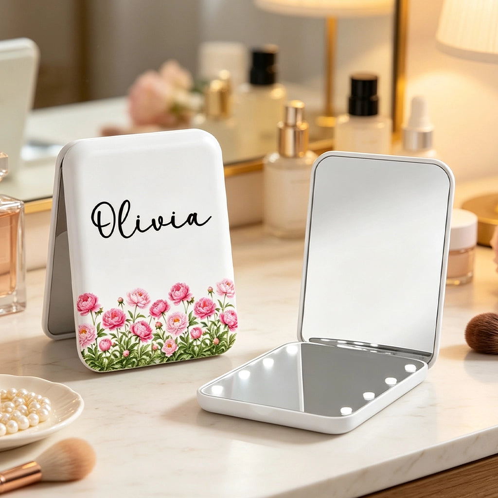 LED Pocket Mirror with Custom Flower Power Art, Creative Gift for Her & Friends