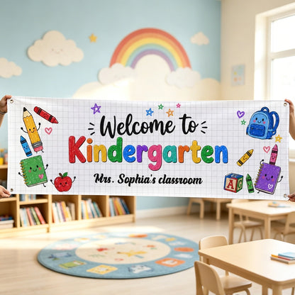 Personalized Vinyl Banner, Welcome to Kindergarten Classroom Decor, Unique Gift for Teacher