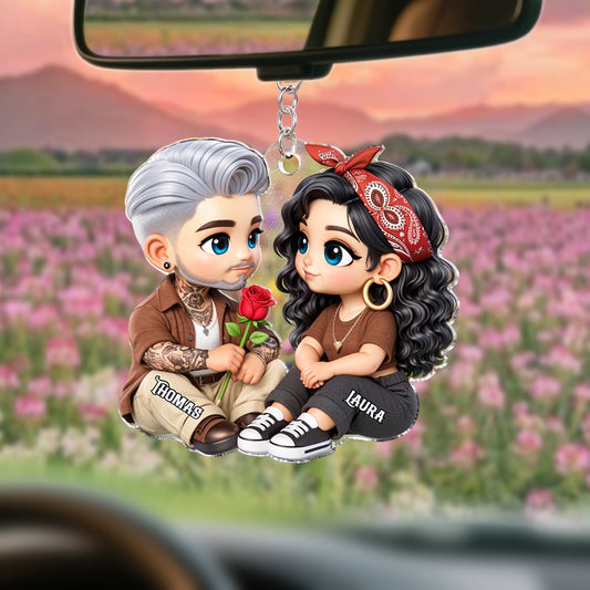 Personalized Couple Acrylic Car Hanger with Rose, Sweet Valentine’s Day Gift, Cozy Cute Rearview Mirror Keepsake