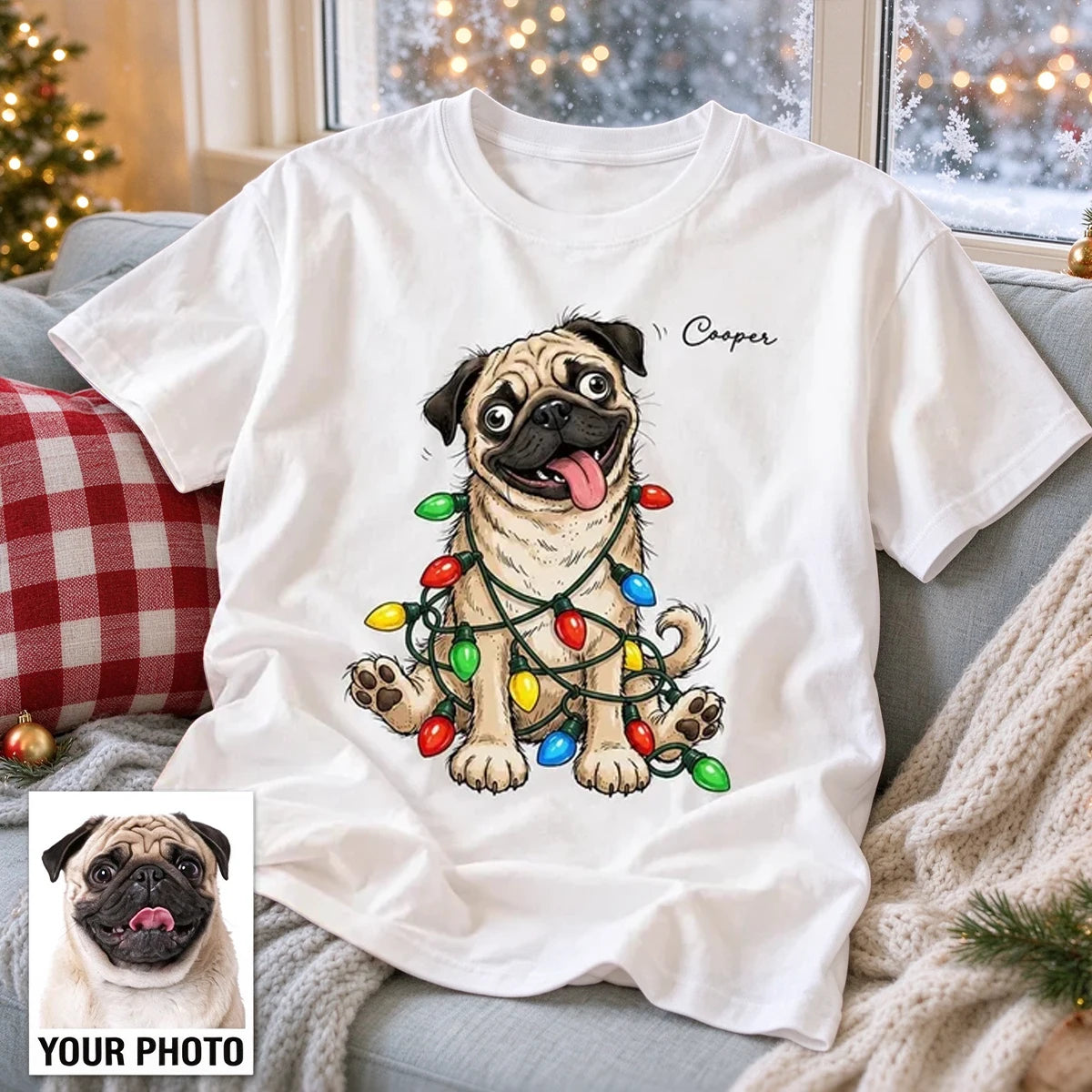 Personalized Classic Tee with Quirky Dog Portrait Tangled in Christmas Lights, Unique Gift for Dog Lovers