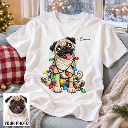 Personalized Classic Tee with Quirky Dog Portrait Tangled in Christmas Lights, Unique Gift for Dog Lovers