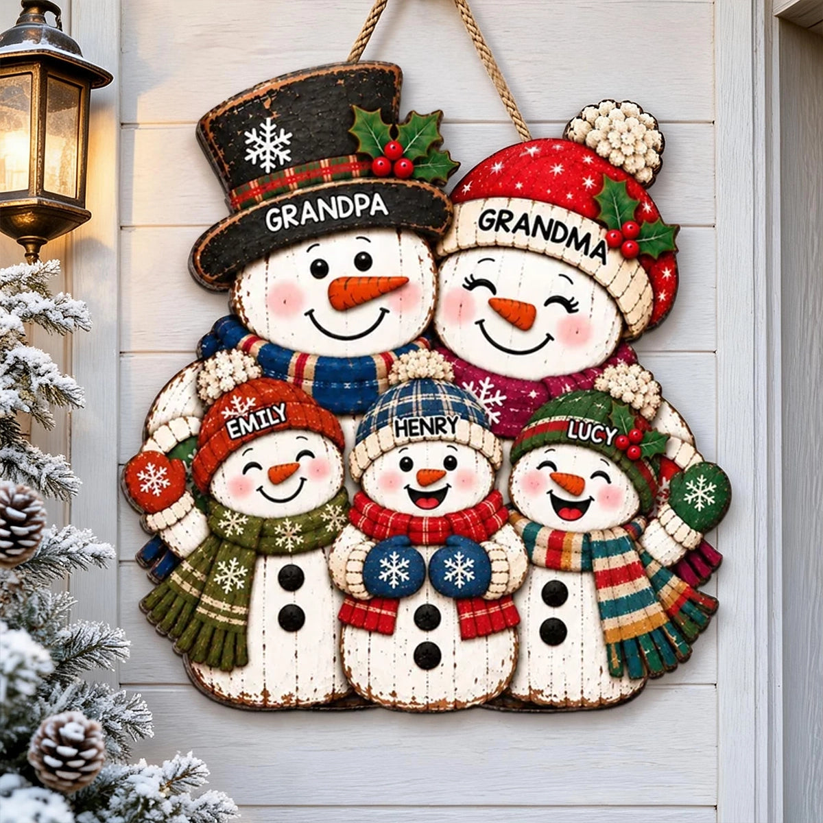 Personalized Wooden Sign with Colorful Snowman Family, Christmas Decor, Unique Gift for Grandparents