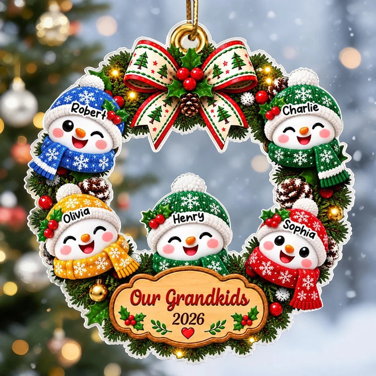 Personalized Acrylic Ornament with Cute Snowman Grandkids Wreath, Unique Christmas Gift for Grandparents