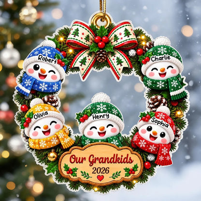 Personalized Acrylic Ornament with Cute Snowman Grandkids Wreath, Unique Christmas Gift for Grandparents