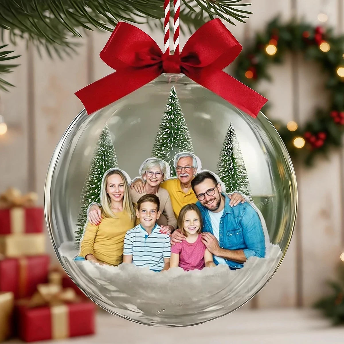 Personalized Acrylic Snow Globe Ornament, Smiling Family in Snowy Trees, Unique Christmas Gift