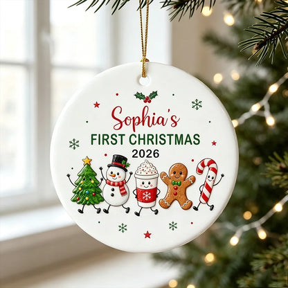 Personalized Ceramic Ornament with Waving Christmas Characters, Unique First Christmas Gift for Baby and New Parents