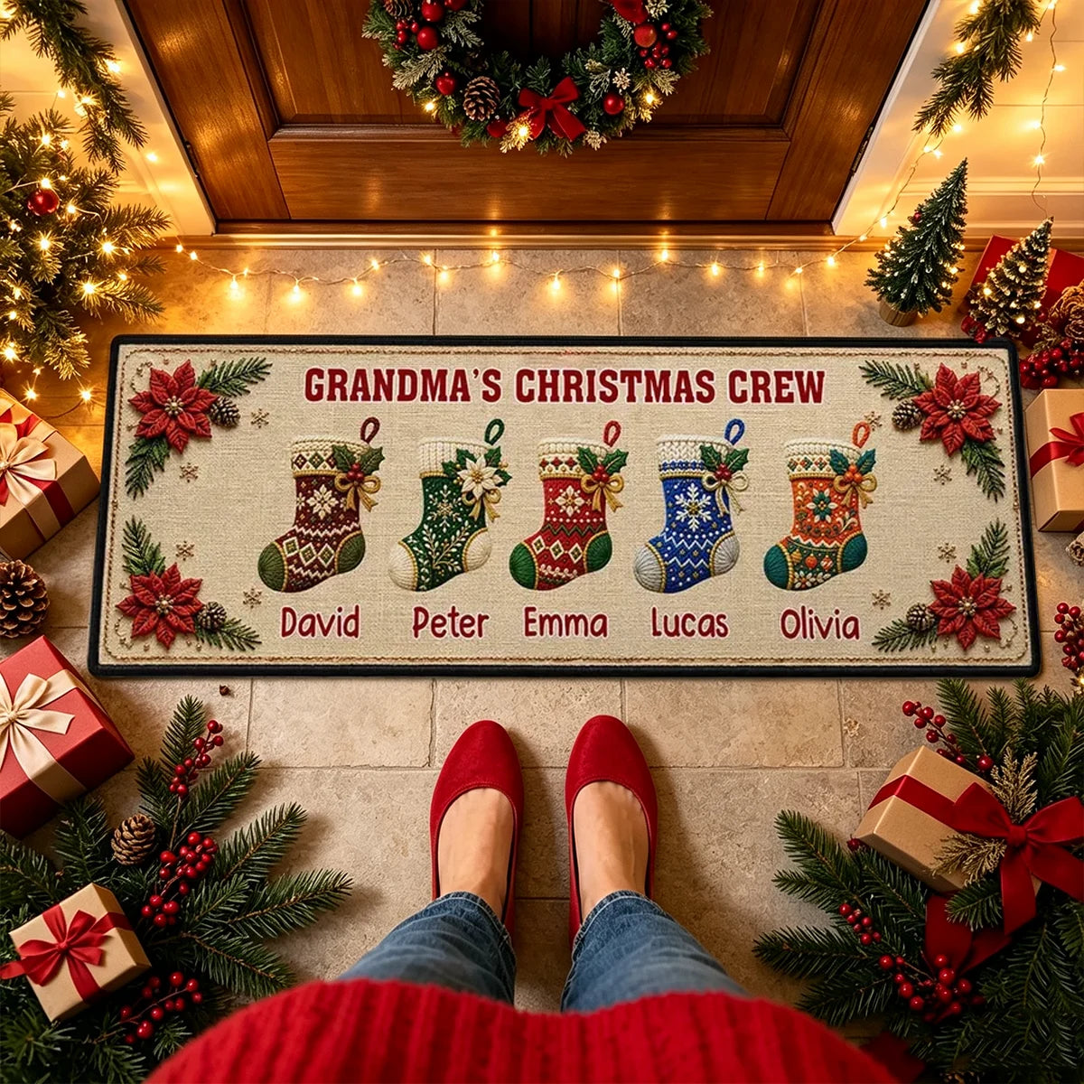 Grandma's Christmas Crew Standard Doormat, Personalized Family Welcome, Unique Christmas Gift for Grandma