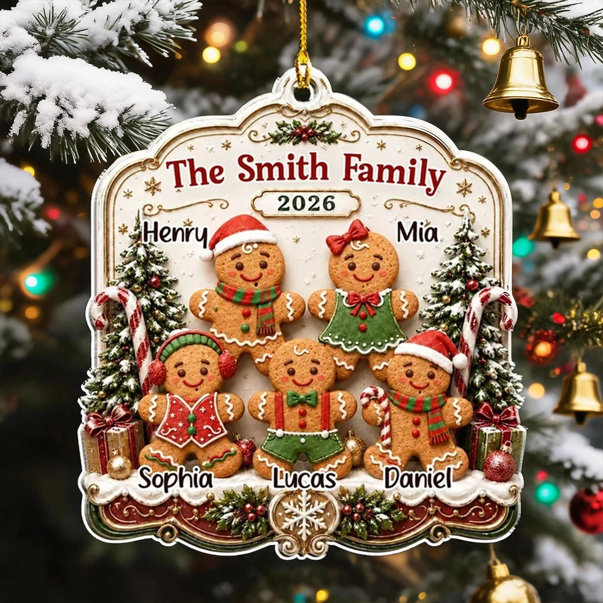 Personalized Acrylic Ornament, Gingerbread Family Among Snowy Trees, Unique Christmas Gift for Family