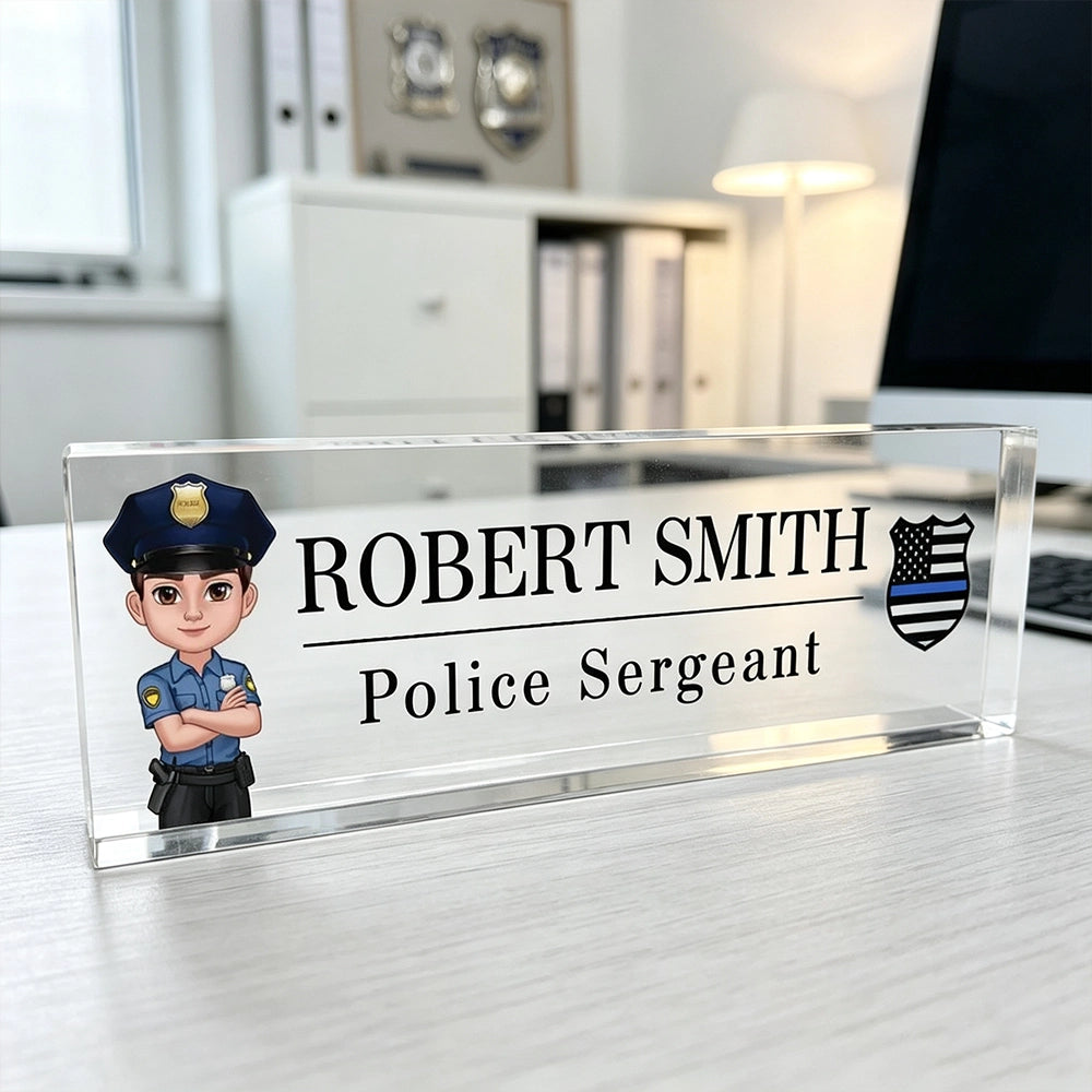 Personalized Acrylic Block Plaque, Cartoon Police Officer Desk Name Plate, Unique Gift for Officer
