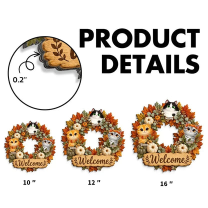 Welcome Home Personalized Wooden Sign, Cute Autumn Cat Wreath Decor, Creative Gift for Pet Owners