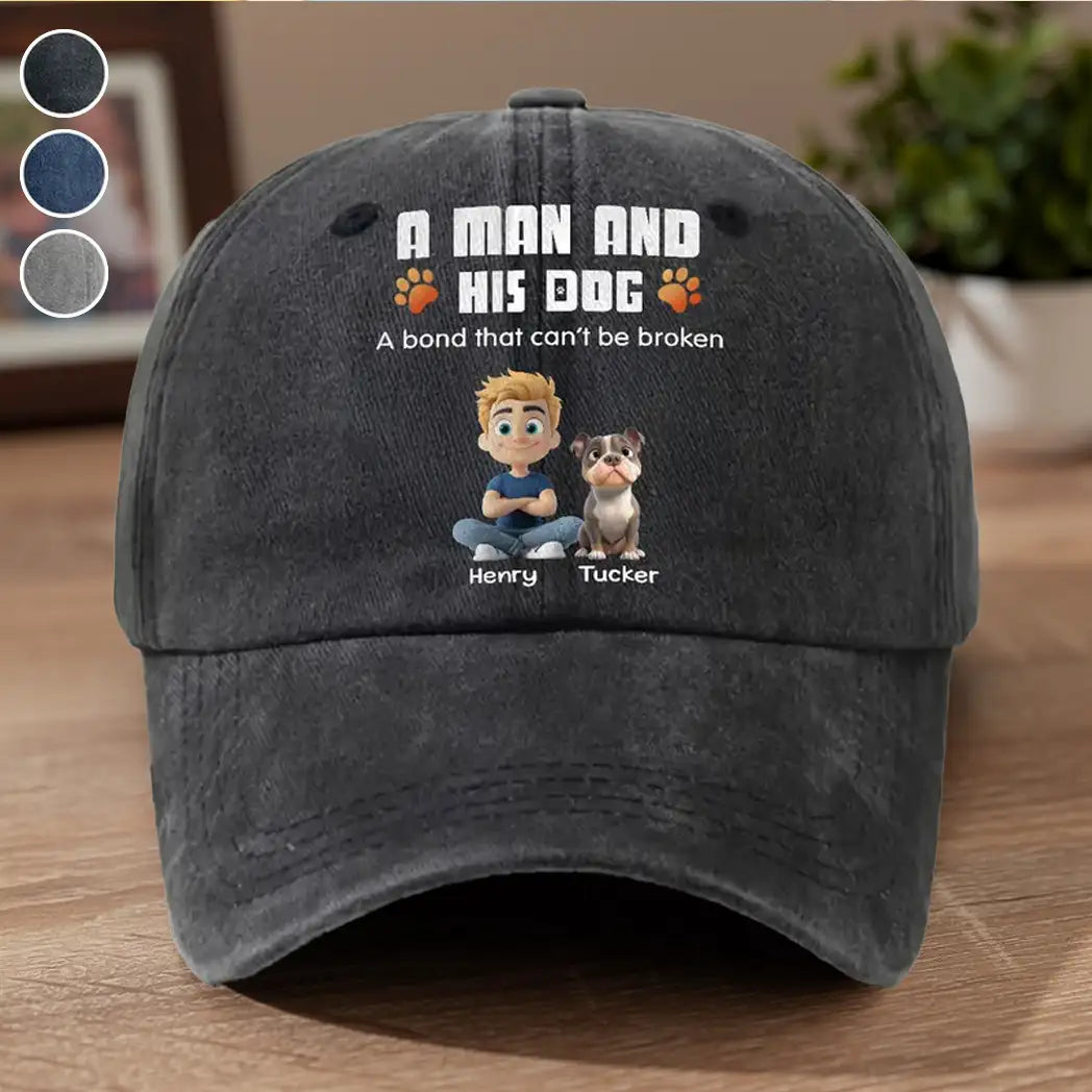 Personalized Washed Denim Baseball Cap, Sitting Man & Dog Cartoon, Unique Gift for Dog Dad