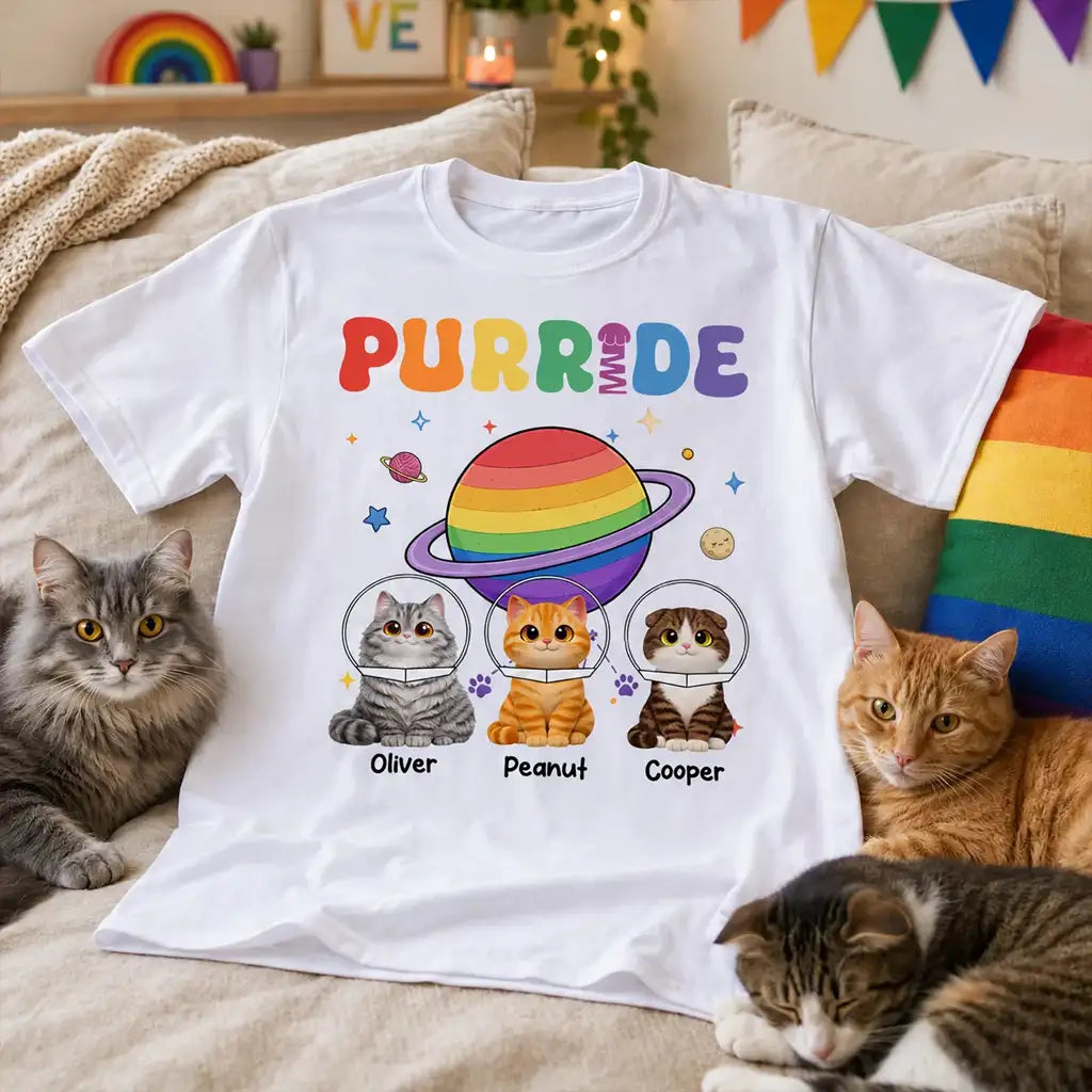 Personalized Purride Cat Classic Tee With Rainbow Space Cats, Unique Gift For Cat Lovers
