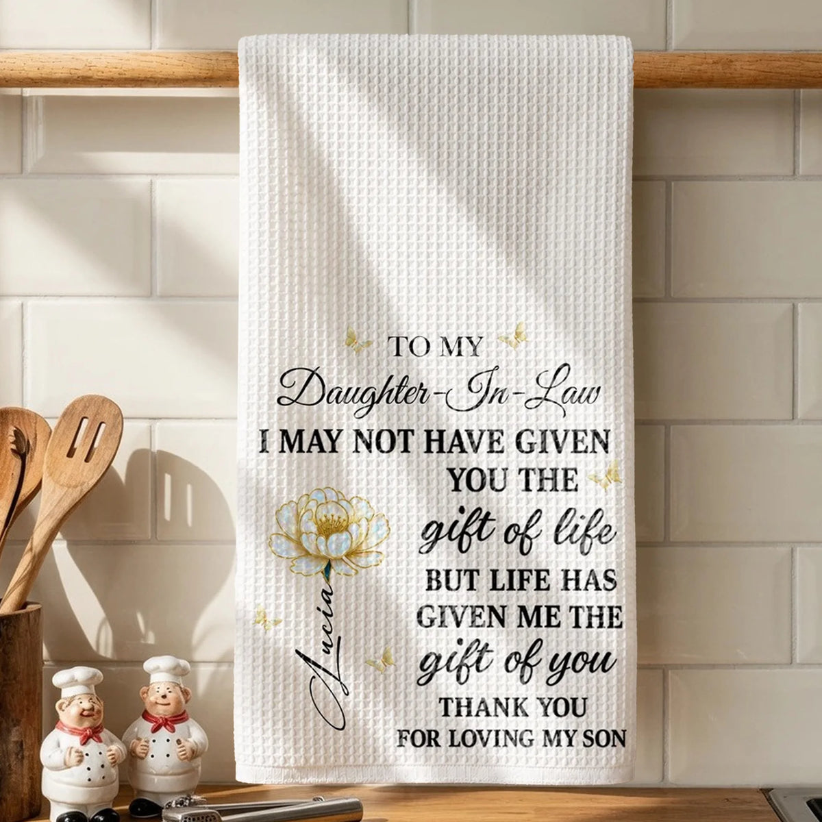 Personalized Kitchen Towel with Floral and Butterfly Art, Unique Gift for Daughter in Law