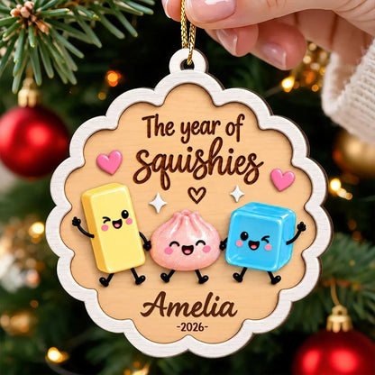 Personalized Wooden Ornament with Colorful Squishy Friends, Unique Gift for Collectors and Christmas Tree Decor