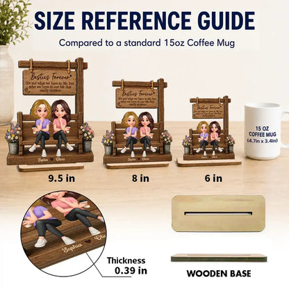 Personalized Besties Forever 2-Layer Wooden Plaque, Seated Friends With Coffee, Unique Gift for Best Friend