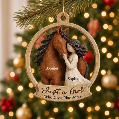 Personalized Wooden Ornament, Girl Hugging Horse in Rustic Brown Tones, Unique Christmas Gift for Horse Lover