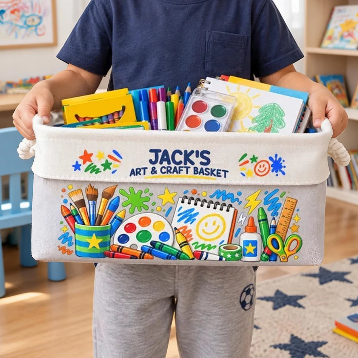 Personalized Cotton Linen Rope Basket with Art Doodles, Child Holding Craft Supplies, Creative Gift for Kids