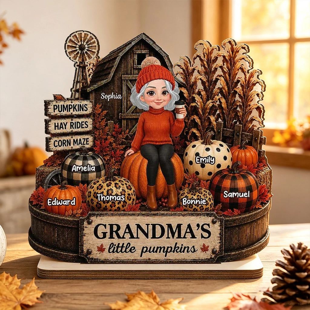 Personalized 2-Layer Wooden Plaque, Grandma Holding Coffee in Warm Autumn Farm Scene, Unique Gift