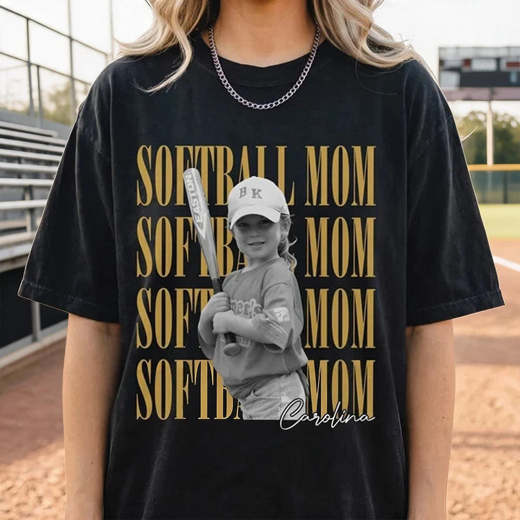 Personalized Softball Mom Classic Tee, Child Holding Bat at Ball Field, Black and Gold Unique Gift for Mom